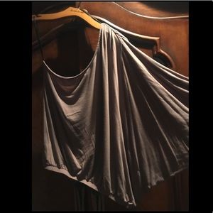 Bebe blouse, one batwing sleeve, deep taupe